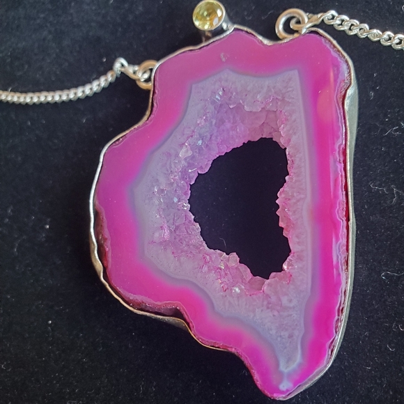 New Pink Agate Druzy & Citrine Silver Necklace. - Picture 4 of 16